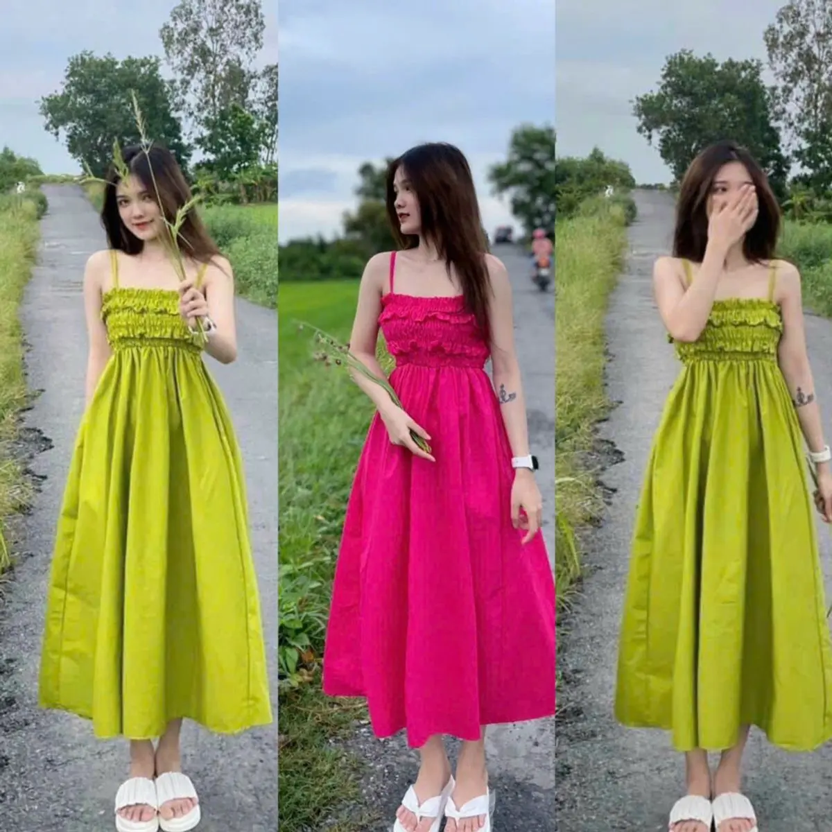 Đầm maxi 2 dây nhún ᵰgực dáng xoè dài dáng dài đầm xoè đi biển 2 màu hottrend Nữ Voan