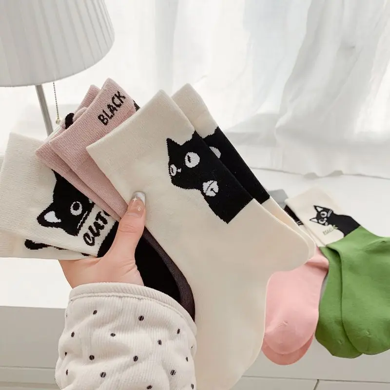 Socks Personality Black Cat Tube Socks Cartoon Expression Cat Cotton Socks Versatile Personality Long Stockings Womenswear Lingerie