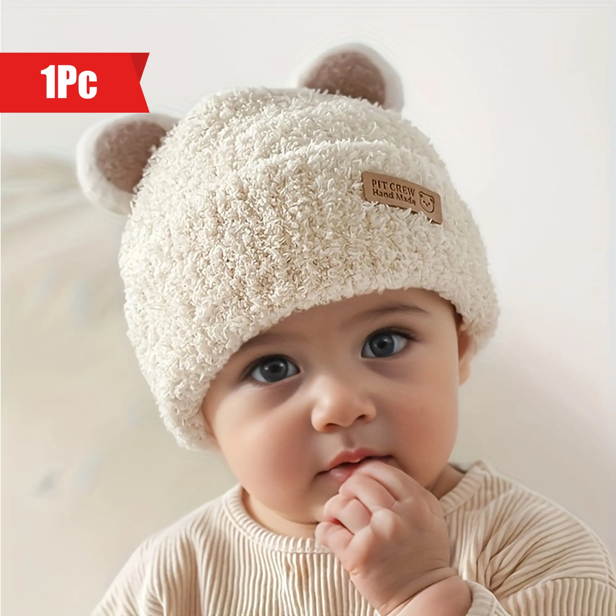 1pc Baby Plush Bear Ears Knit Cap, Children's Knitted Hats For Autumn And Winter