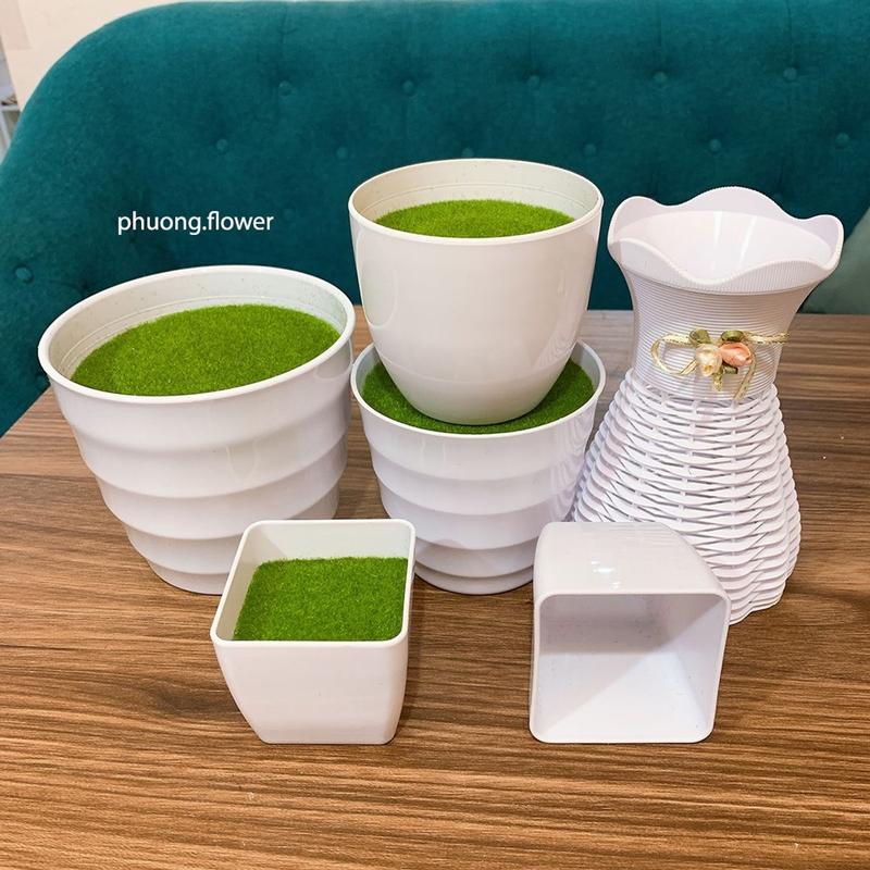 Chậu nhựa trồng cây kèm xốp phủ cỏ xanh đủ mẫu đủ size trồng cây giả seᵰ đá giả giỏ cắm hoa lụa
