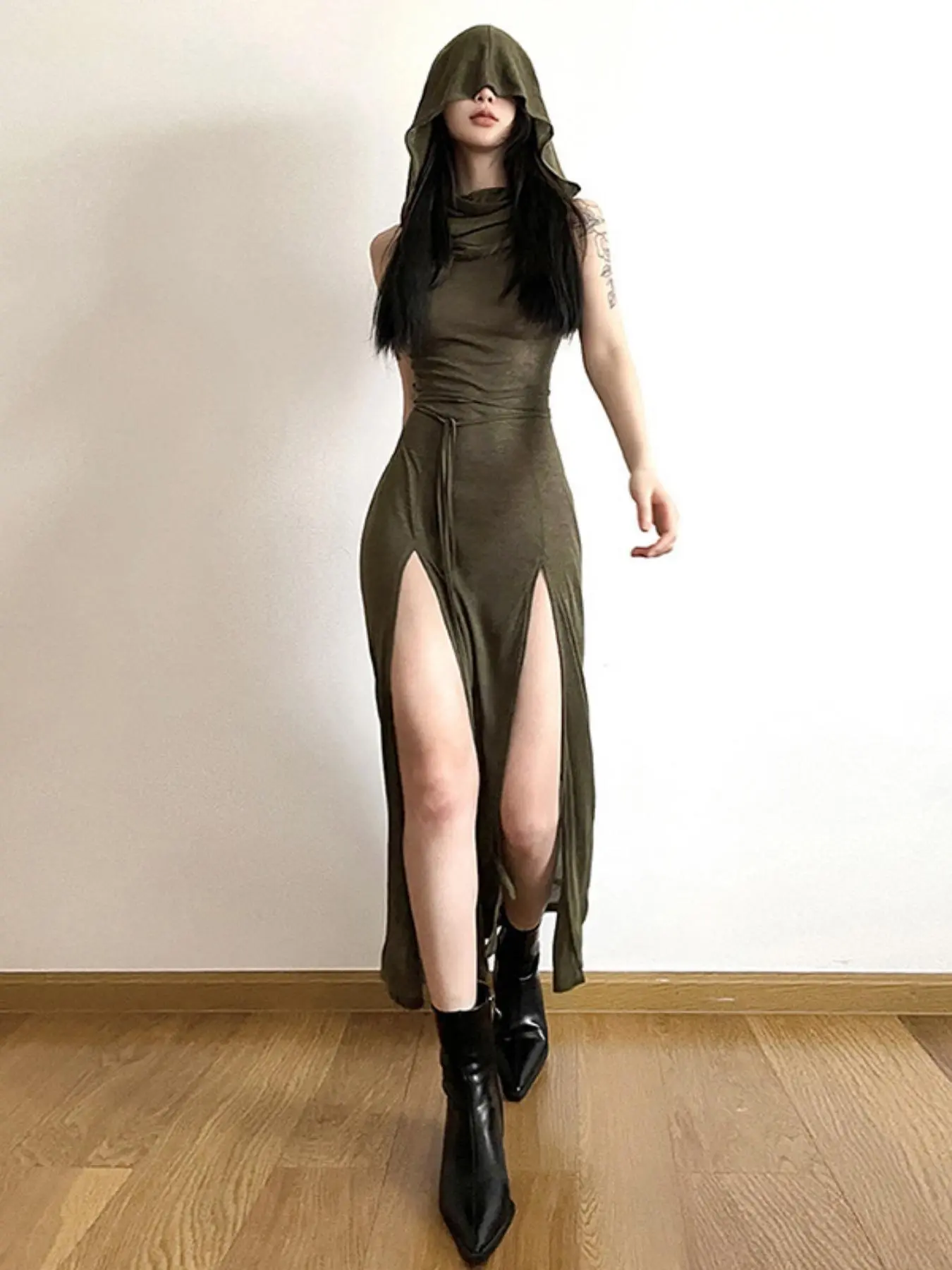 Women's Plain Cut Out Split Thigh Bodycon Dress, Street Fashion Casual Tie Front Hooded Midi Dress for Daily Outdoor Wear, Women Dress for Summer