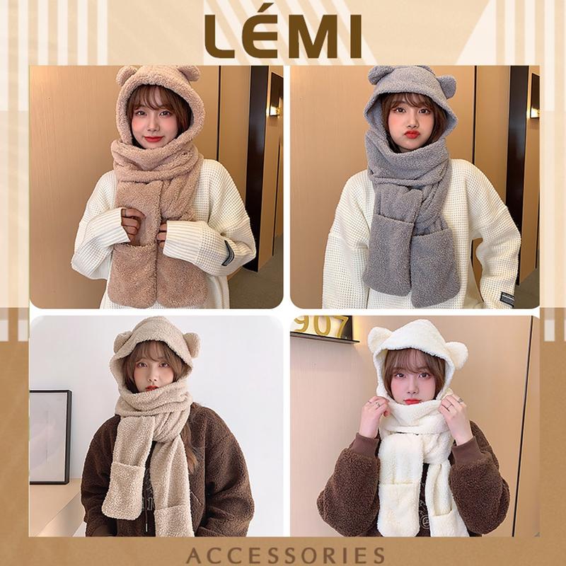 Mũ len lông cừu tai gấu kèm khăn quàng cổ kèm bao tay đa năng 3 trong 1 tiện dụng ấm áp thời trang Hàn Quốc Women Lịch