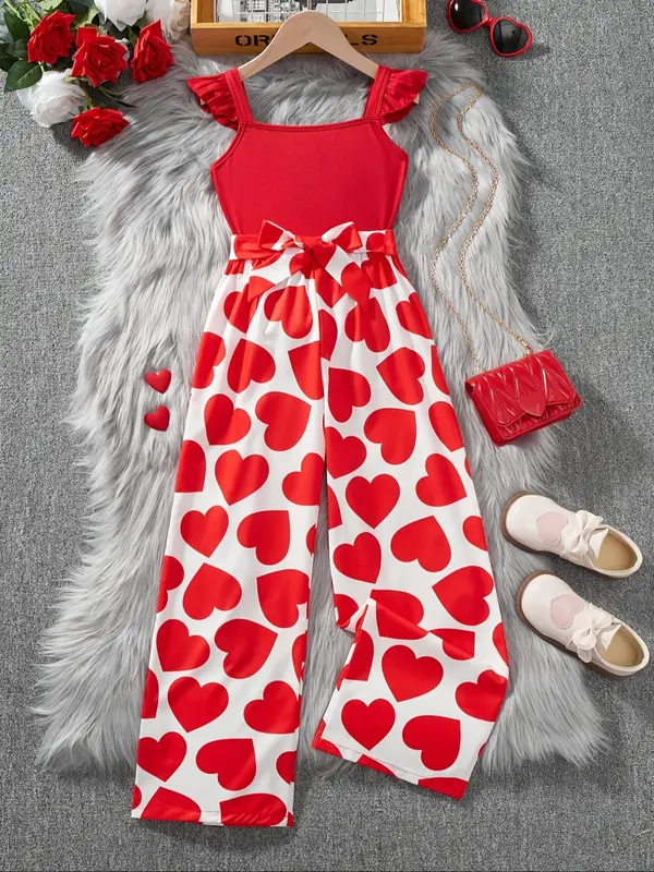 Girl's Plain Crop Tank Top & Heart Print Belted Wide Leg Pants Two-piece Set, Elegant Fashion Casual Two Piece for Daily Outdoor Wear, Kids Clothes for Summer 0