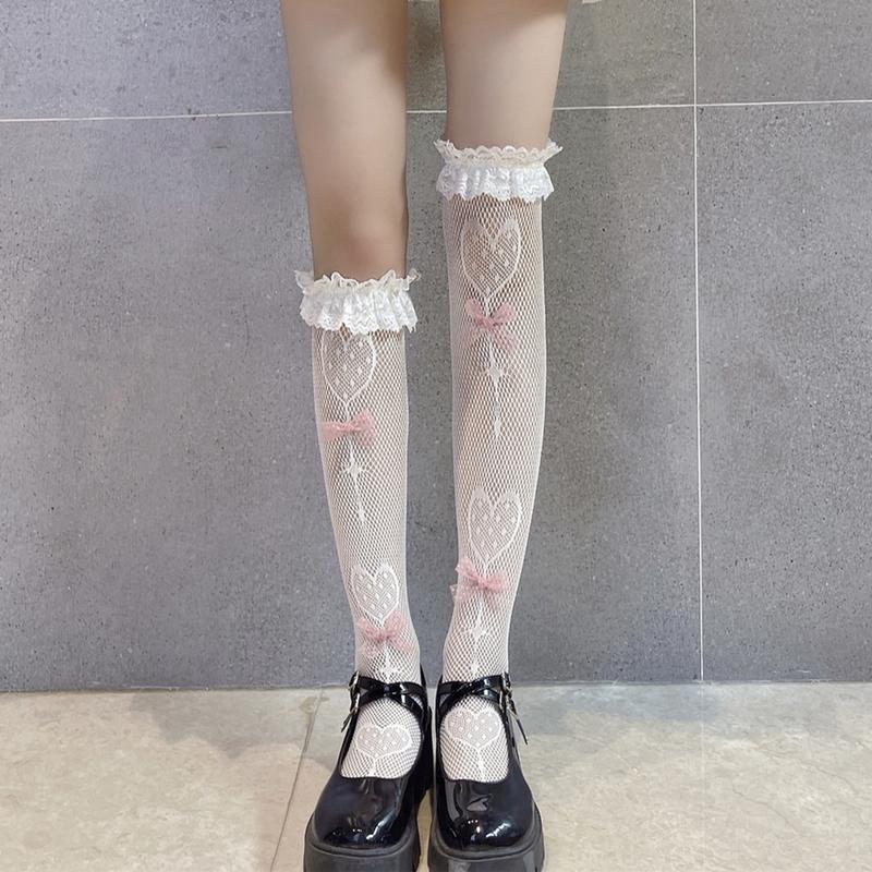 Product Introduction of Women's Lace Calf Socks Lolita Bows Knee Socks Japanese Style Princess Thigh High Loose Stocking for Lady Girls 8