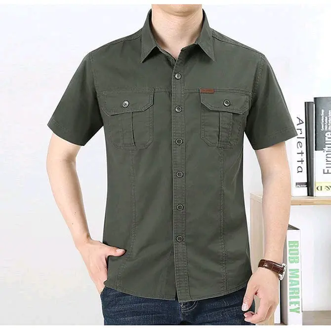 Shaqueenaastore kemeja lapangan lengan pendek pria ukuran normal dan jumbo bahan baby canvas untuk ngantor dan kegiatan luar kantor Polos Katun Hitam Putih Formal Nyaman