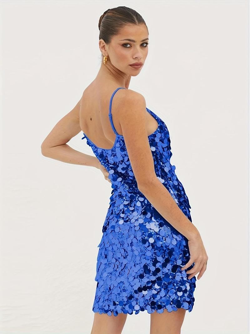 Product Introduction of Women's Glitter Sequins V Neck Cami Dress, Fashionable Sparkly Short Dress for Party Club Dating Wear, Ladies Summer Clothes 6