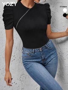 YOZY Women's Plain Puff Sleeve Zipper Design Bodysuit, Casual Round Neck Bodysuit for Daily Wear, Ladies Clothes for All Seasons