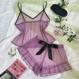 Baju Tidur Wanita Set Celana Pendek Wanita Tank Top Garis polos Simpel Kekinan Ukuran One Size 1375