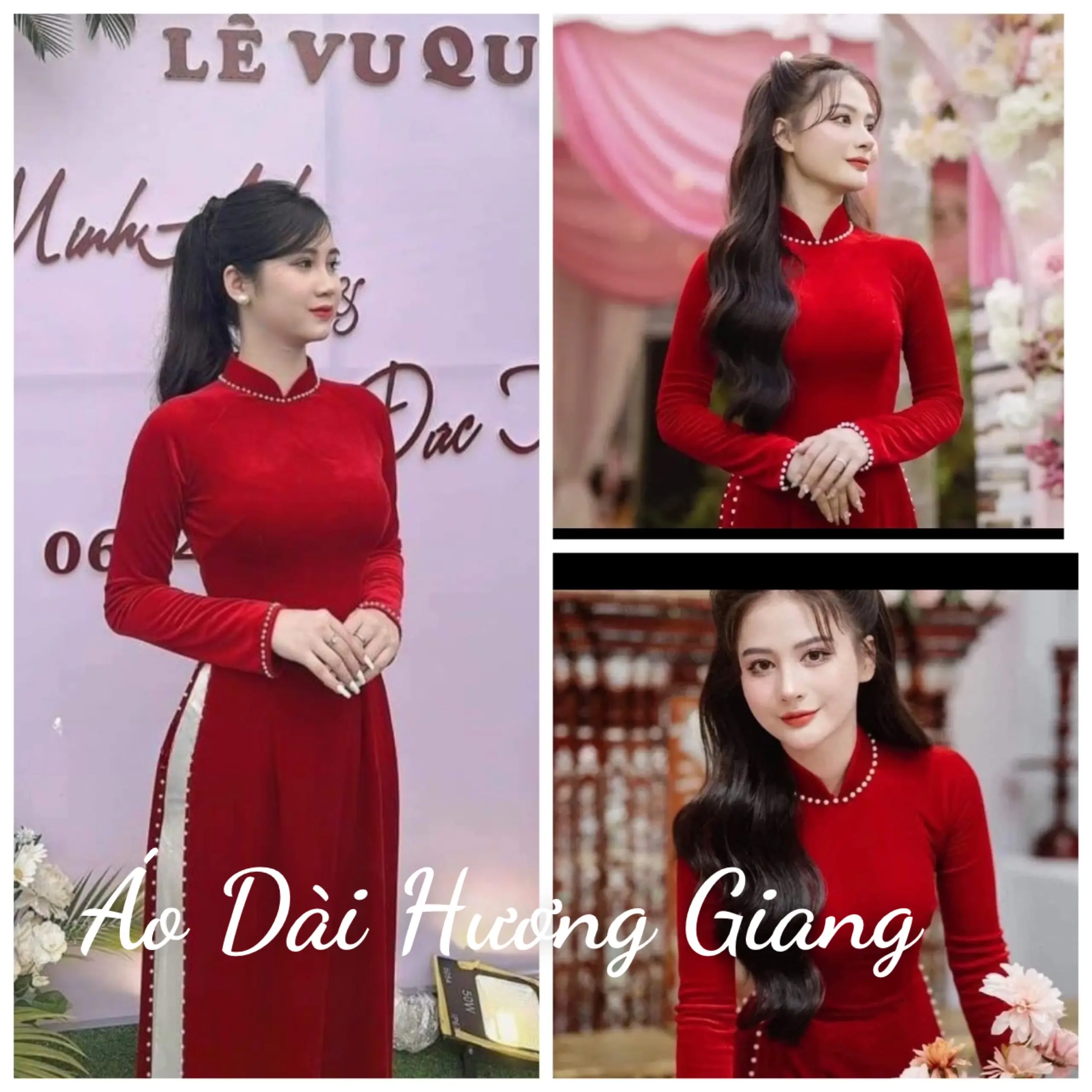 Áo dài nhung màu đỏ đính kết ngọc full tà- Áo Dài Hương Giang Nữ-A11.7- nhung co dãn tốt, mềm mịn, áo dài cô dâu