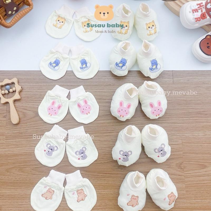 Sét Bao Tay - Bao Chân Petit Nền Kem HQ Mềm Mại Cho Bé 0-3 Tháng Thun