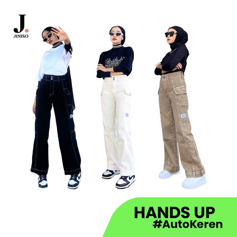 HANDS UP - JINISO Cargo Baggy Celana Jeans Wanita Highwaist 1