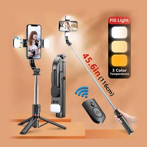 Christmas Gift, Selfie Stick Tripod for iPhone, Smart Phone Accessories with 3 Color Fill Light, BT Stabilizer, Content Creator Tool, Wireless 360 degree Rotatable Phone Holder, Live Streaming Vlogging Photography Foldable Remote Control Selfie Stick