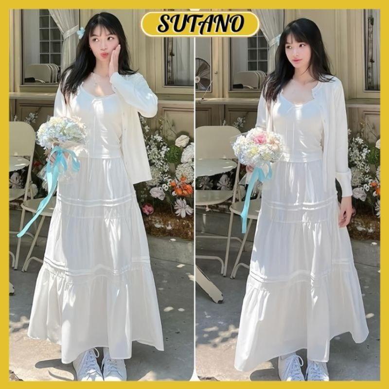 Set váy áo nàng thơ 3 món áo 2 dây phối áo khoác ngoài cardᶖgan mỏng kèm chân váy voan dài tiểu thư B554 SUTANO
