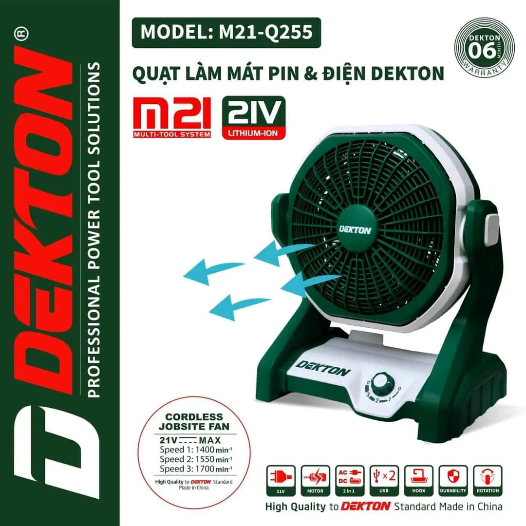 Máy quạt dùng pin điện chính hãng Dekton M21-Q255 QuạT