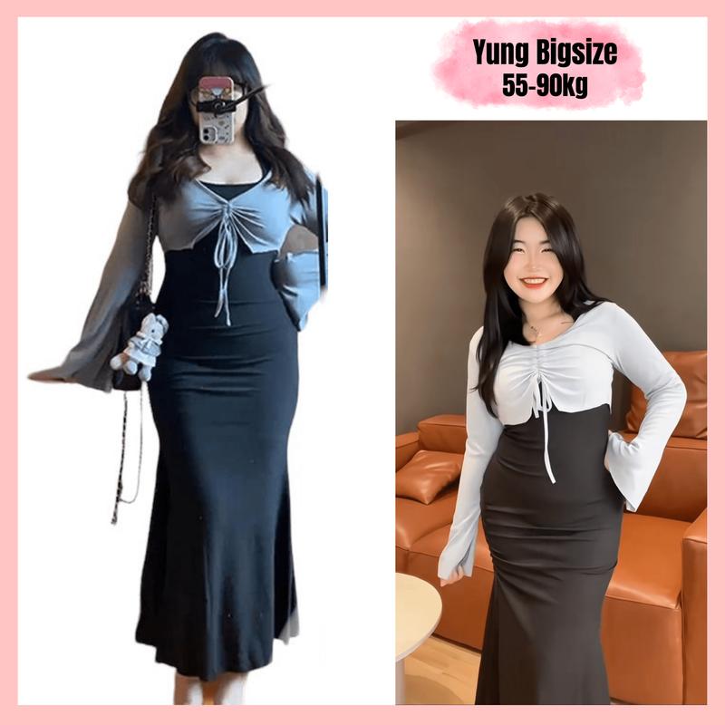 Set đầm Bigsize body, Đầm ôm bigsize sexy dáng dài sẻ tà kèm áo dây rút cá tính 60-90kg Yung bigsize Nữ Women Dress