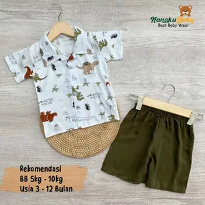 Nanaku Baby - S M L XL Setelan Baju Kemeja Bayi One Set Rayon Motif Animal Usia 3 Bulan Sampai 5 tahun