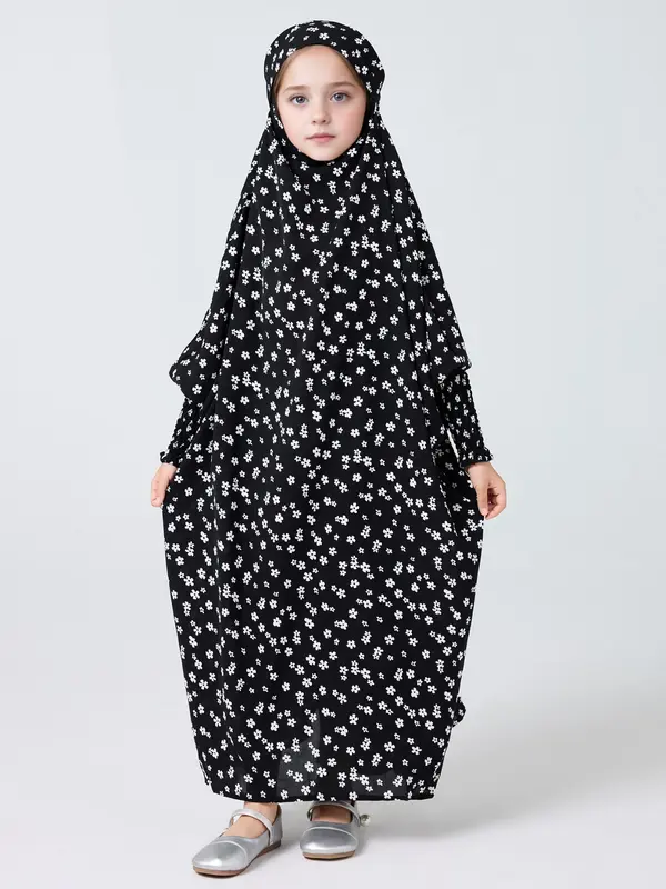 Girl's Ditsy Floral Print Hooded Abaya, Modest Long Sleeve Hooded Dress for Summer, Kids Clothes for Daily Wear 0