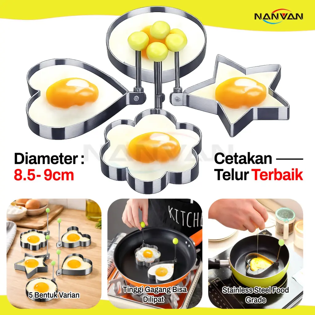NANVAN NVN-HMLV16 Cetakan Telur Stainless Steel – Egg Mold Bentuk Lucu Anti Lengket & Pegangan Anti Panas