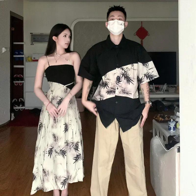 2023 Summer New Chinese Style Couple Wear Sling Long Dress Men's Stitching Short Sleeve Shirt Wholesale