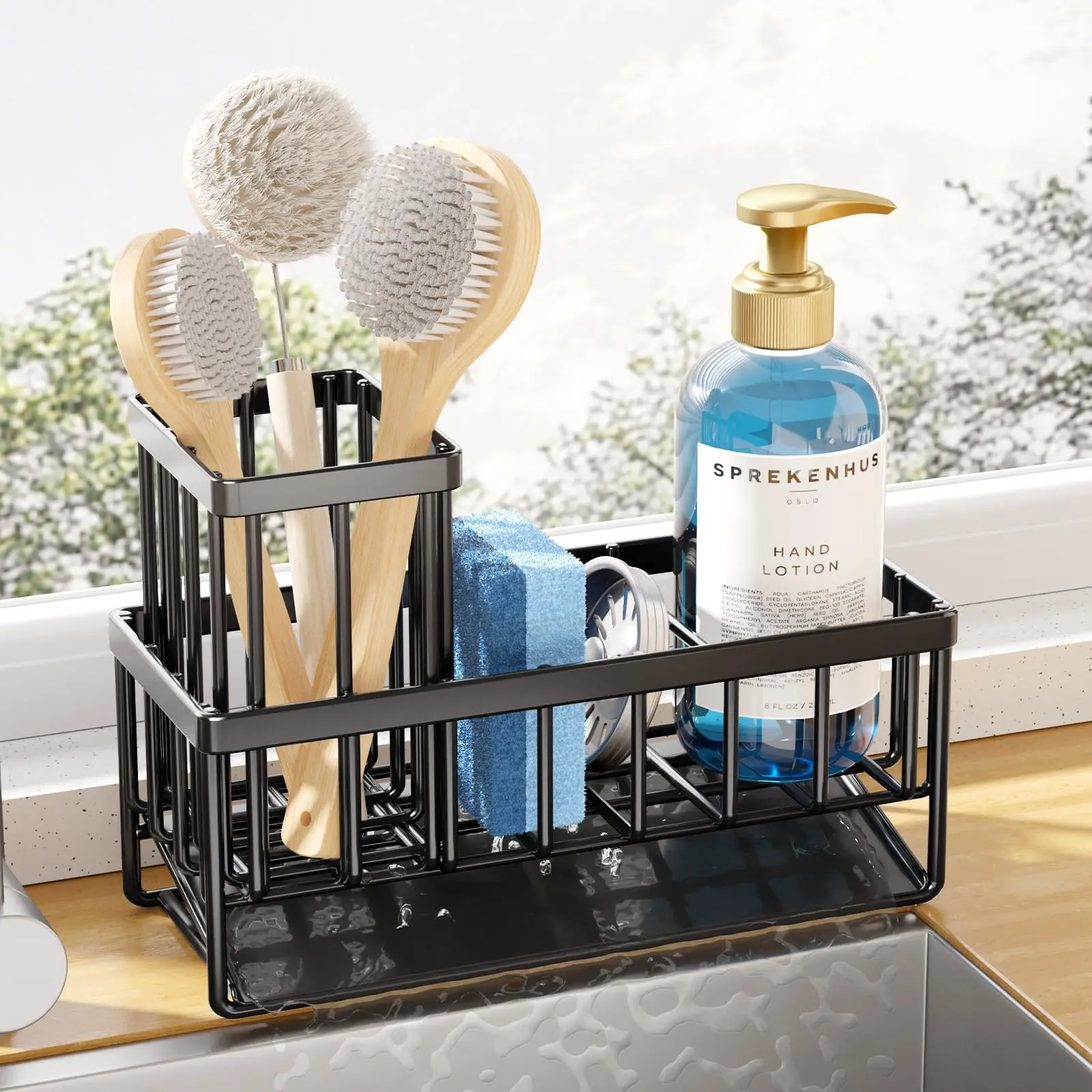 Kitchen Sink Caddy, 1 Count Sponge Holder for Kitchen Sink, Kitchen Sink Organizer and Storage with High Brush Holder, Carbon Steel Kitchen Gadgets Sink Accessories