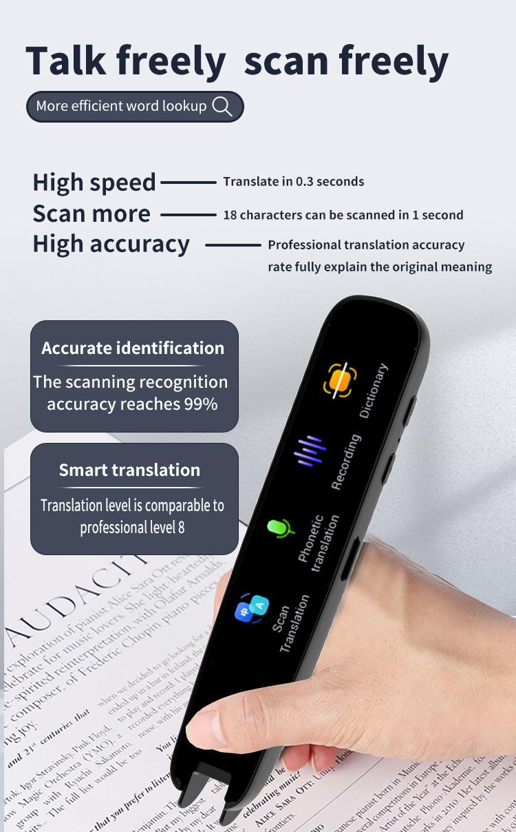 Product Introduction of A3X Multilingual Scan Translator Pen 12 Offline 112 Online Languages OCR EN/DE/FR/JA/KR/Cantonese 2.23 "Portable 3 Colors ABS Android/Li-ion Translation Pen 23