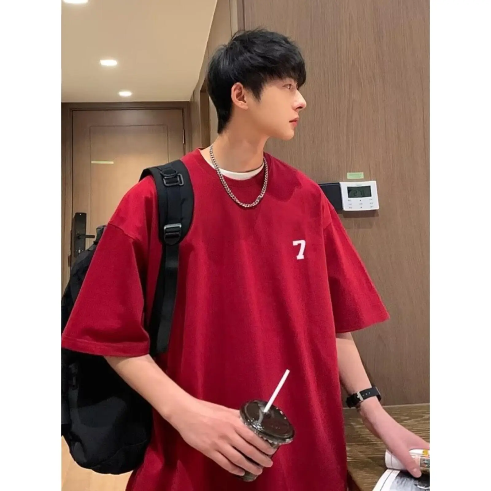 Oversize Wine Red Short Sleeve T-shirt Men's Summer Japanese Loose Tops Cityboy Plus Size Casual Half Sleeve