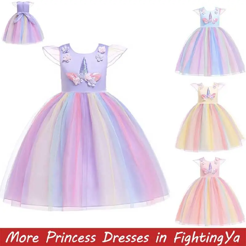 Rainbow Unicorn Princess Dress For Kids Girl Mesh Ball Gown for Baby Girls Birthday Party Vestidos 2 10Y Clothes