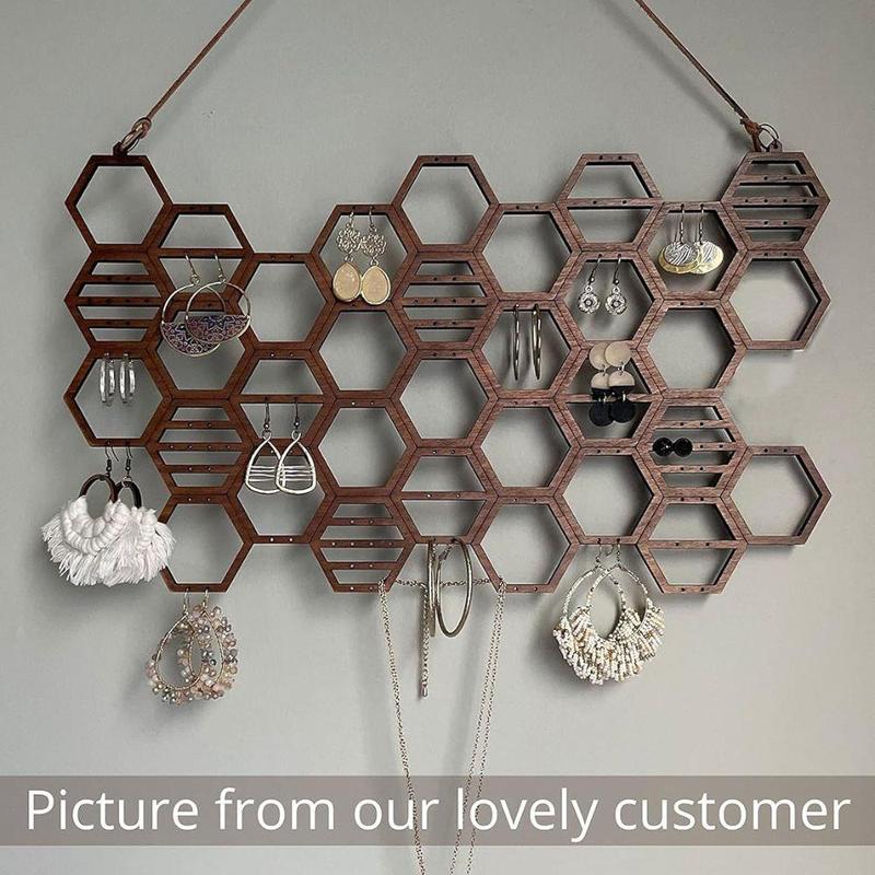 Traditional Wooden Honeycomb Design Jewelry Storage Rack, 1 Count Vintage Earring Display Rack, Jewelry Organizer for Earrings & Necklace 6