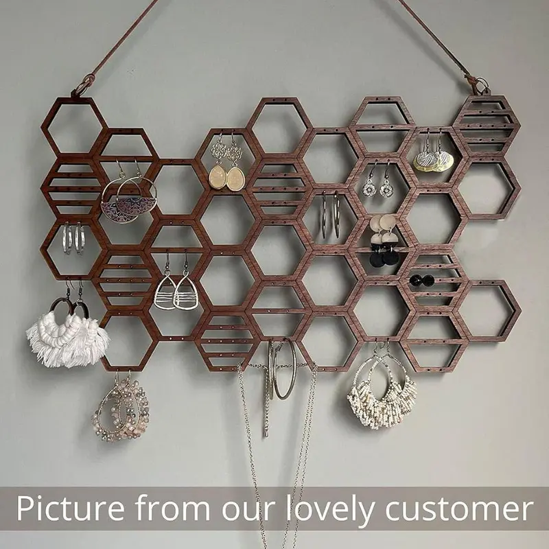 Traditional Wooden Honeycomb Design Jewelry Storage Rack, 1 Count Vintage Earring Display Rack, Jewelry Box, Jewelry Organizer for Earrings & Necklace 6