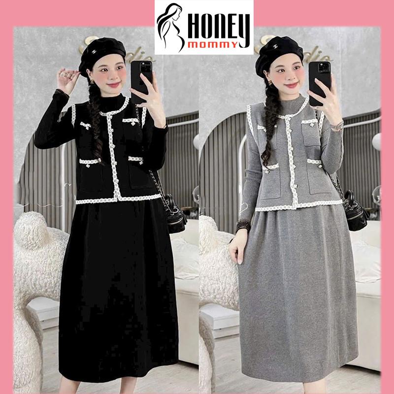 Set Đầm Bầu Thu Đông Áo Gile Len Viền Trắng Kèm Váy Len Giữ Nhiệt Nhẹ Nhàng Trẻ Trung Mặc Đi Chơi HD3271 Honey Mommy