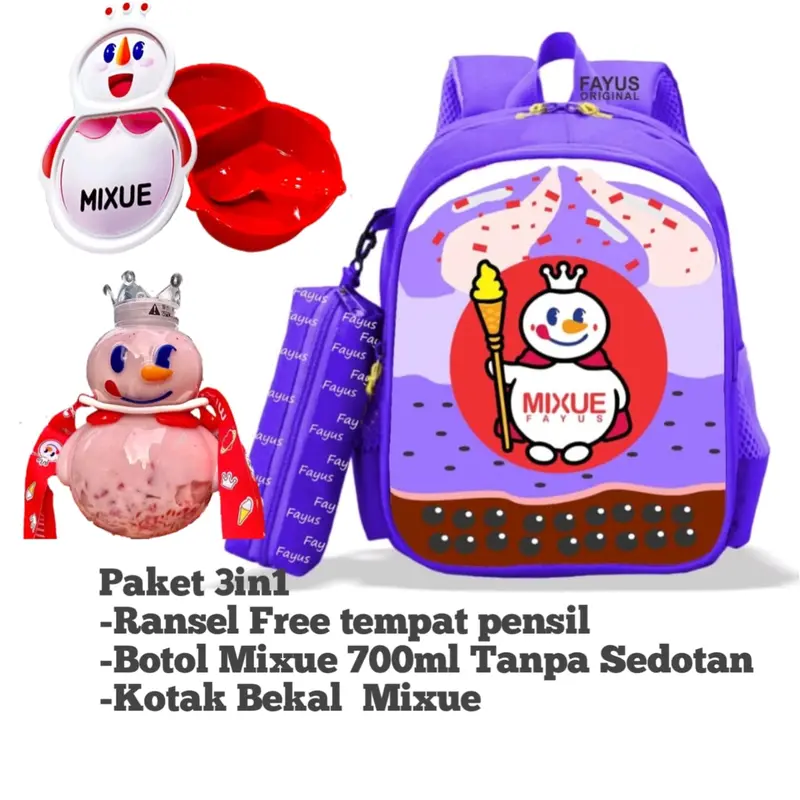 Paket Tas Ransel Anak Motif mixue + Botolo Mixue +lunch box/Kotak Bekal MIxue bisa COD Sd Fashion 3