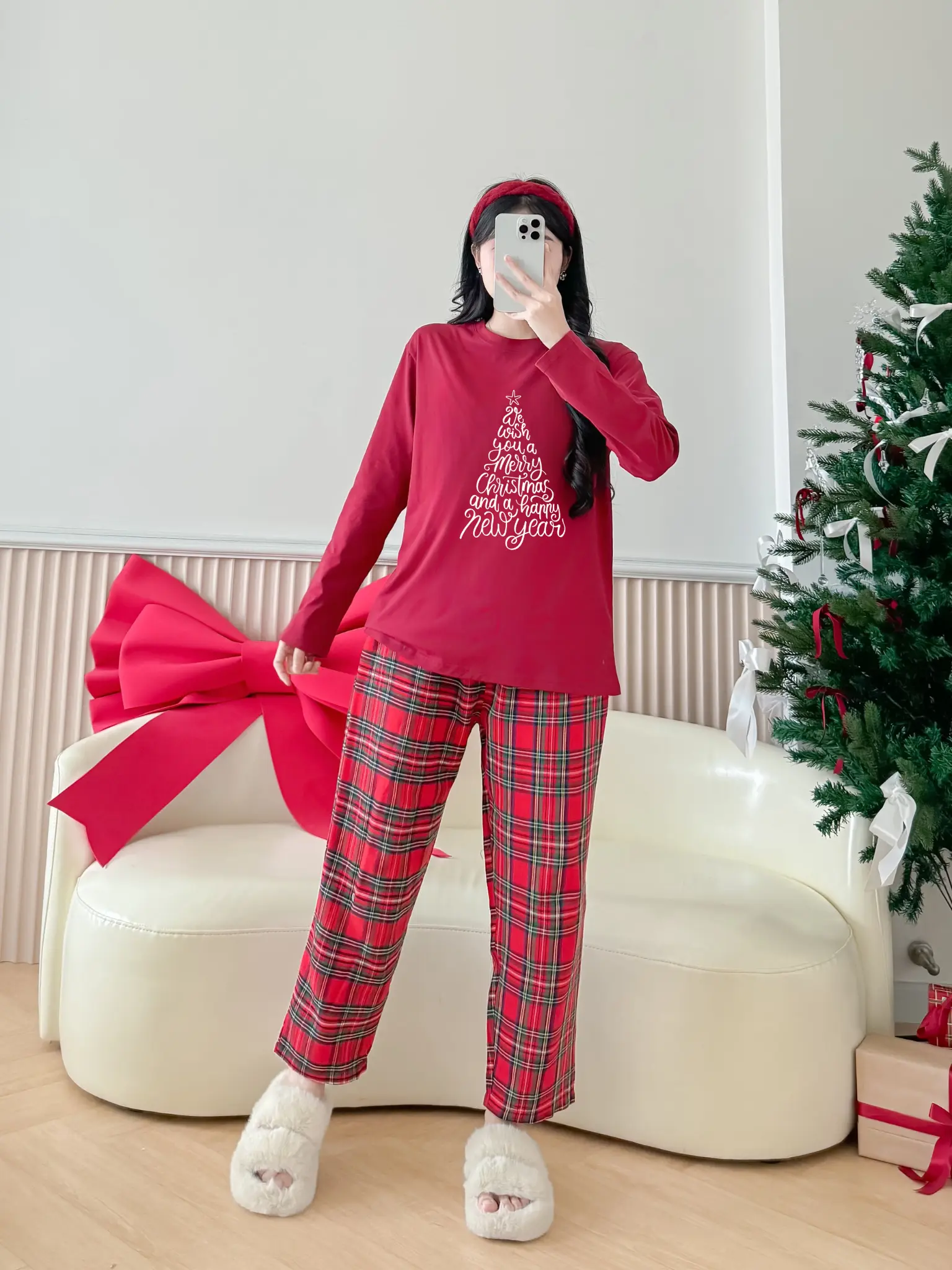 Đồ Bộ Nữ Dài Tay In Hình Noel Thời Trang, Set Bộ Dài Tay, Quần Caro Giáng Sinh
