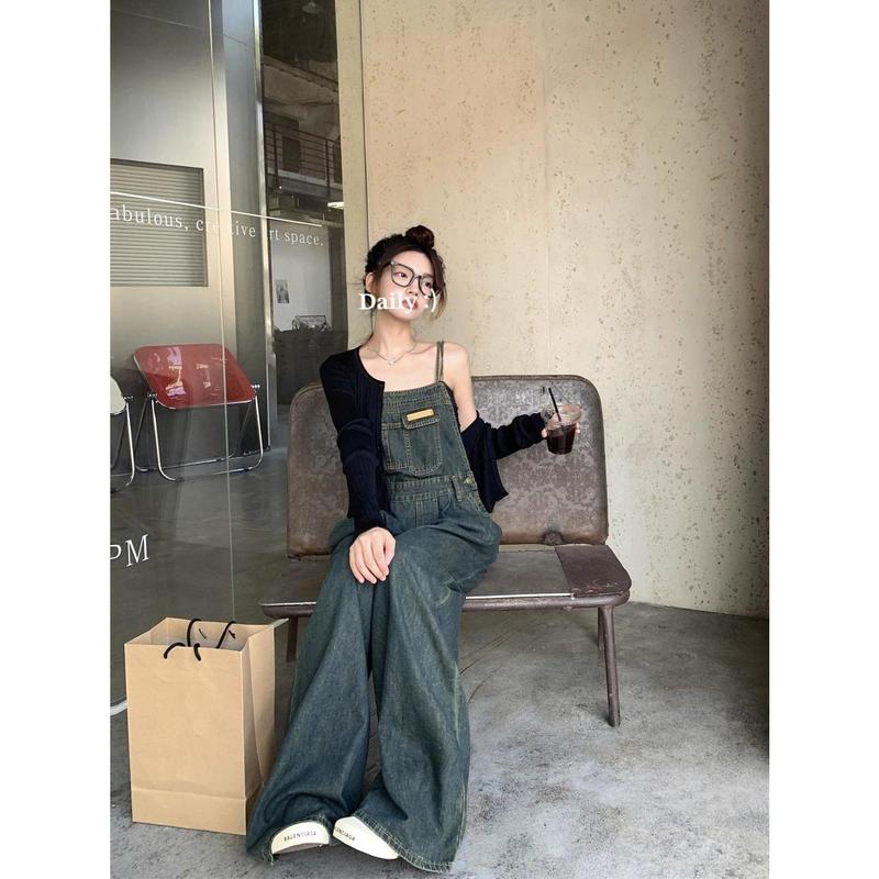 Quần Yếm Denim Có Dây Đeo Cổ Điển Mỹ Phong Cách Instagram Dành Cho Nữ, Dáng Rộng Vừa Vặn, Thích Hợp Cho Mùa Xuân Và Mùa Hè, Hàng Mới Về, Áo Jumpsuit Quần Thường Ngày Quần Ống Rộng, Hợp Xu hướng, Phong Cách Hàn Quốc Women 0