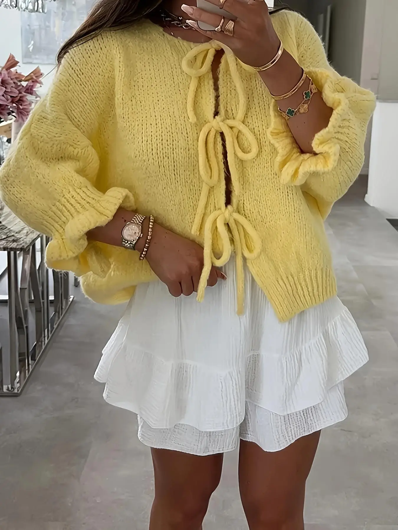 Women's Solid Color Tie Front Sweater, Casual Sweater Cardigan for Daily Outdoor Wear, Women Knitwear for Fall & Winter