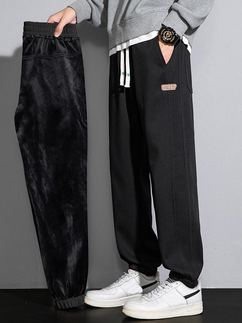 Product Introduction of Men's Solid Color Patched Drawstring Waist Thermal Lined Pants, Casual Comfy Regular Fit Elastic Waist Pocket Trousers for Daily Wear, Men's Bottoms for All Seasons 1