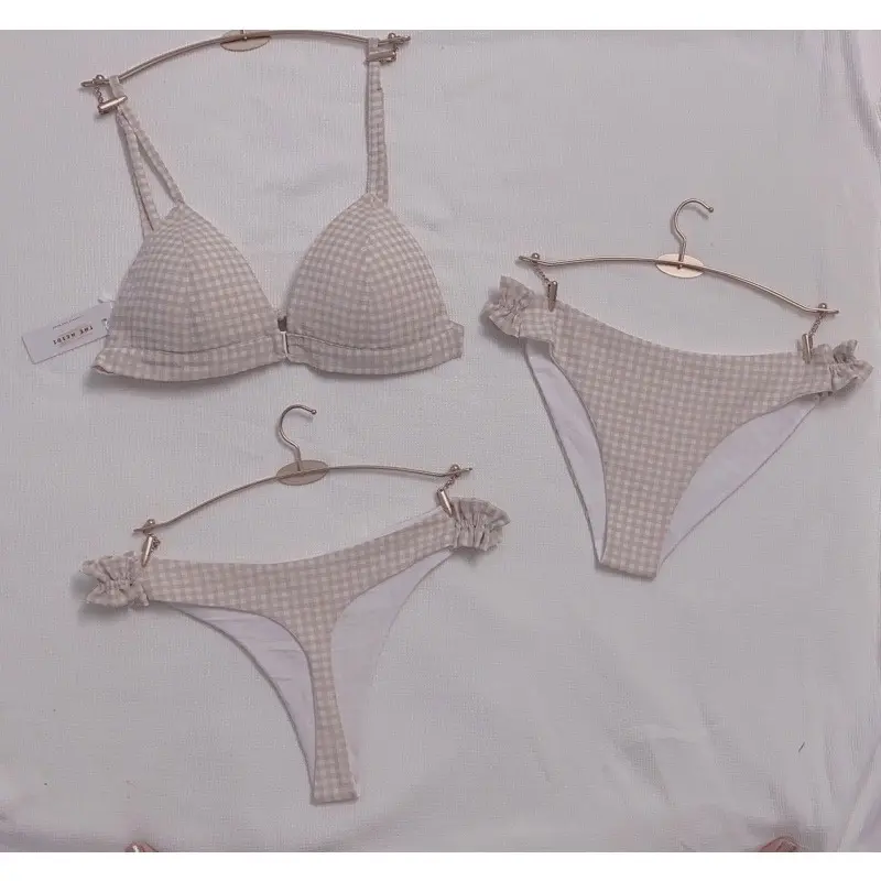 Set bộ đồ lót chất liệu thô cotton hoạ tiết caro tone be sữa không gọng mút mỏng cup áo che phủ 3/4 Độ phủ hoàn toàn 1