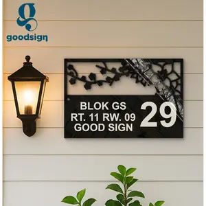 Nomor Rumah Akrilik Custom Text & Nomor Ukuran 30x20cm Motif Flower Estetik Mewah Lasercut Good Sign