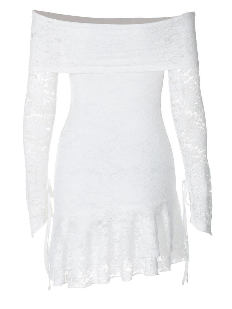 Product Introduction of Women's Off The Shoulder Cut Out Floral Lace Dress, Sexy Tie Cuff Tiered Layer Ruffle Hem Short Dress, Women's Clothing for Spring & Fall 2