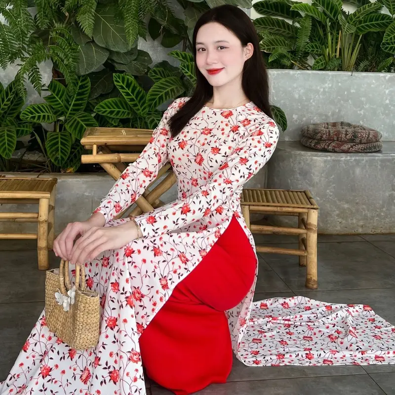Bộ áo dài lụa in 3D cao cấp kèm quần lụa sang trọng. Women Nữ 2