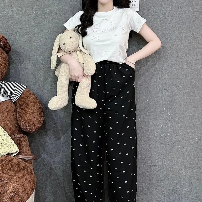 Bộ đồ nữ quần dài ống rộng họa tiết thêu nơ bigsize đến 85kg - Set đồ đi chơi, mặc ở nhà fullsize (40-85kg) 2