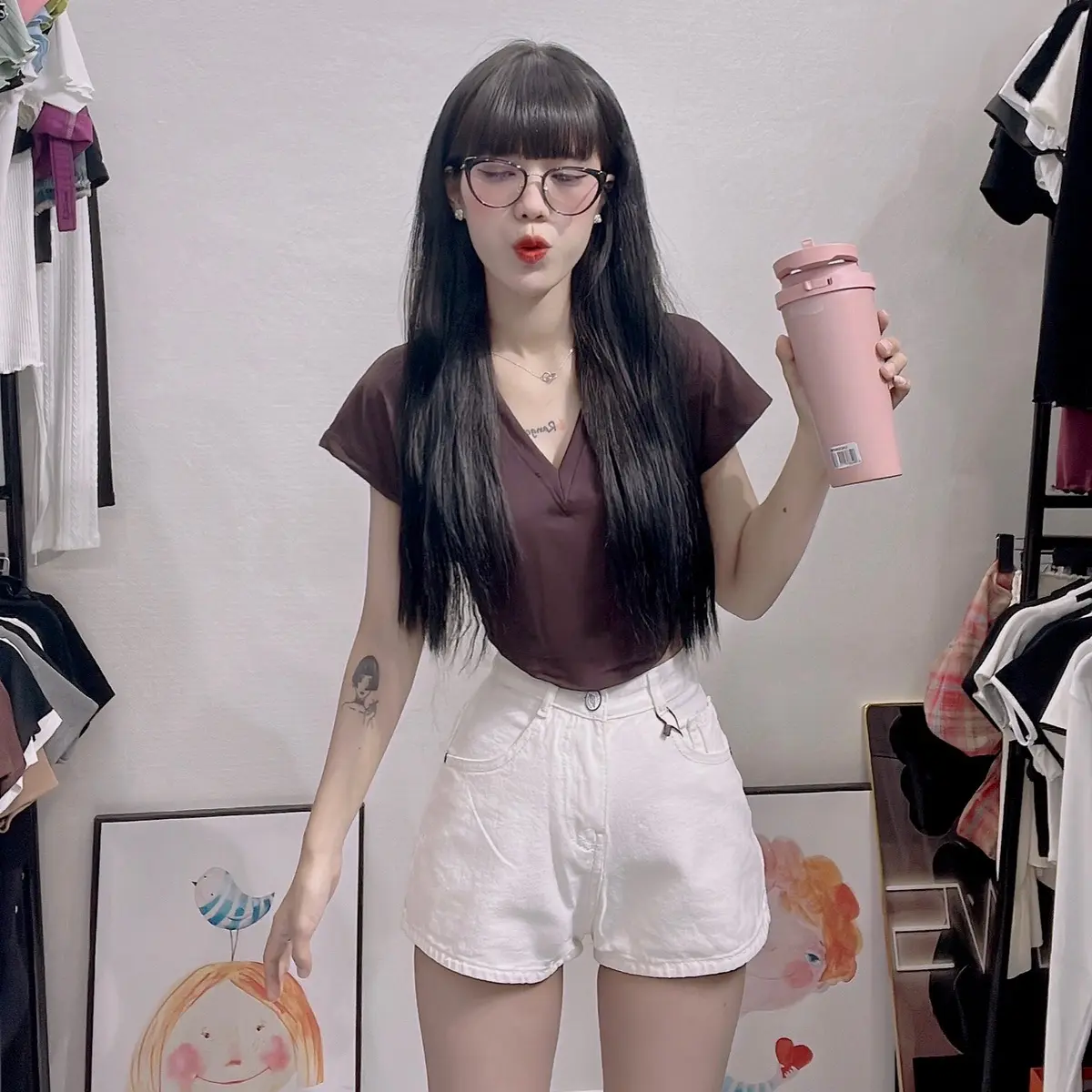 Áo cổ tim croptop vạc bầu chất cotton pha tici