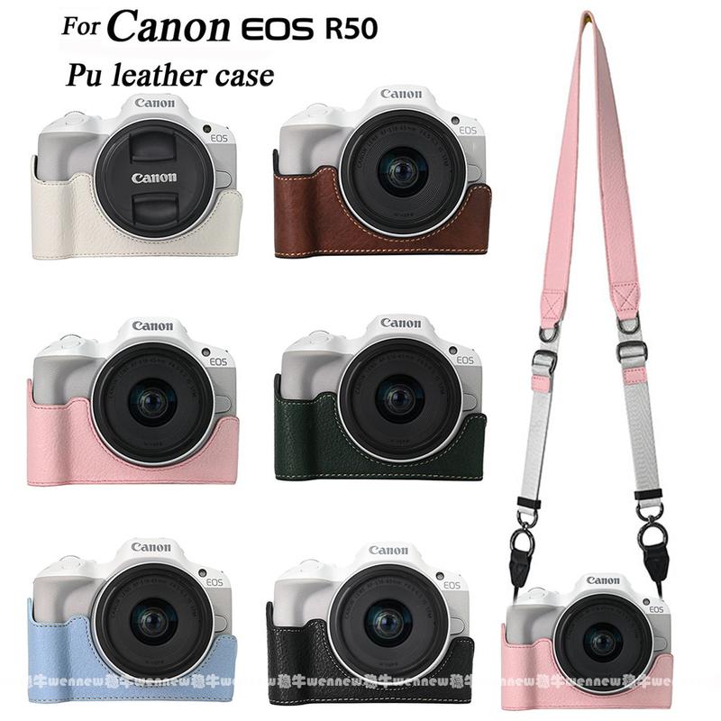 Bao Da PU Vỏ R50 Cho Máy Ảnh Canon EOS R50 Nắp Đậy Nửa Người Dây Đeo Vai Bao Gồm Túi