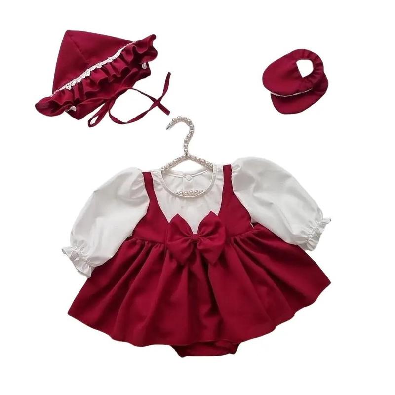 Váy Body Liền Thân Cho Bé Gái Sơ Sinh Đủ Size 3-13kg Tặng Kèm Nón Và Giày Chất Đũi Lụa Mềm Mịn Mát Tông Màu Đỏ Rượu