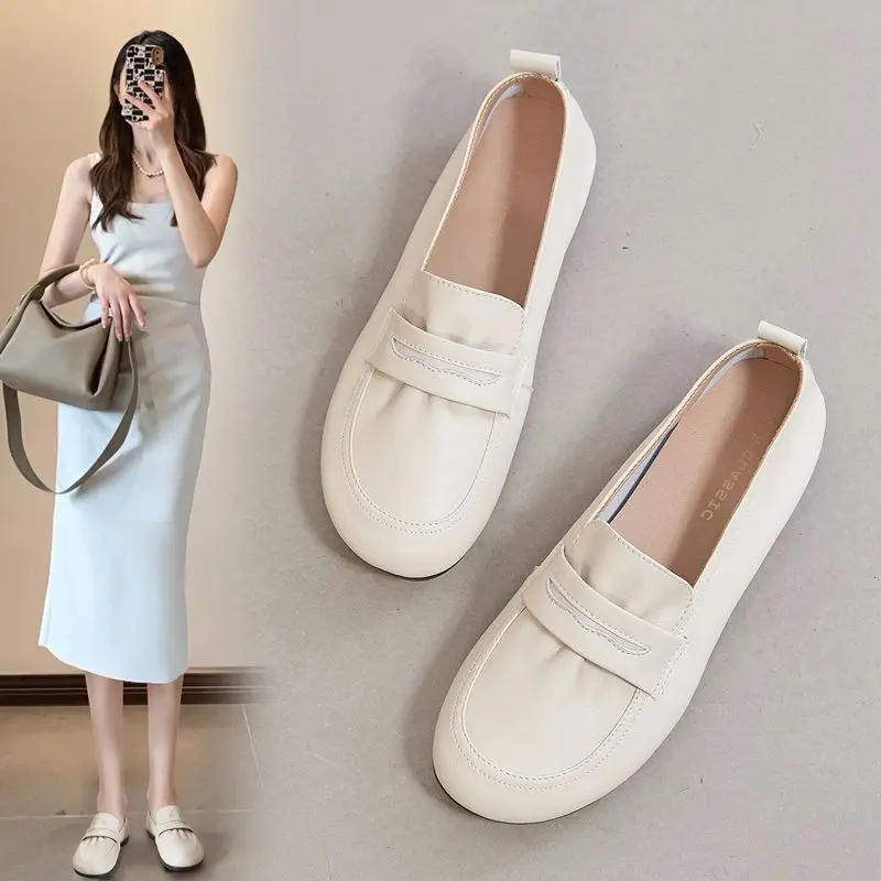 Wear-Resistant Thin Loafers Soft Bottom Slip-on Pumps Women's 2024 New Fashion All-Match Small Leather Shoes Women's Shoes Western Style Footwear Girl Slipon Bedroom