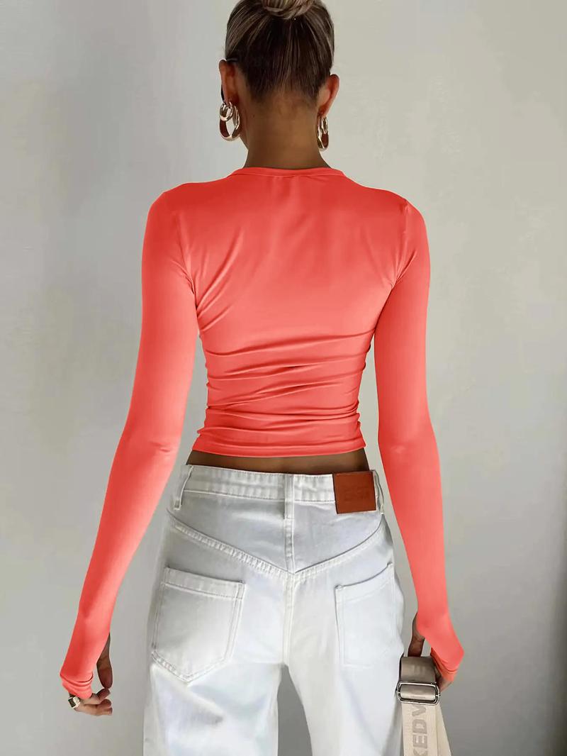 Product Introduction of Women's Plain Round Neck Long Sleeve Slim Tee, Casual Solid Crew Neck T-shirt for Summer Spring & Fall, Women's Top for Daily Wear,  Summer Clothes for Lady 8