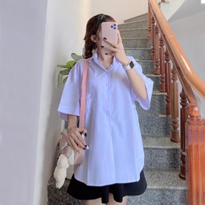 Áo sơ mi học sinh FORM RỘNG, TRẮNG XANH NHẸ, MỎNG VỪA GIÁ RẺ BÌNH DÂN Nữ Women Shirt Top 2