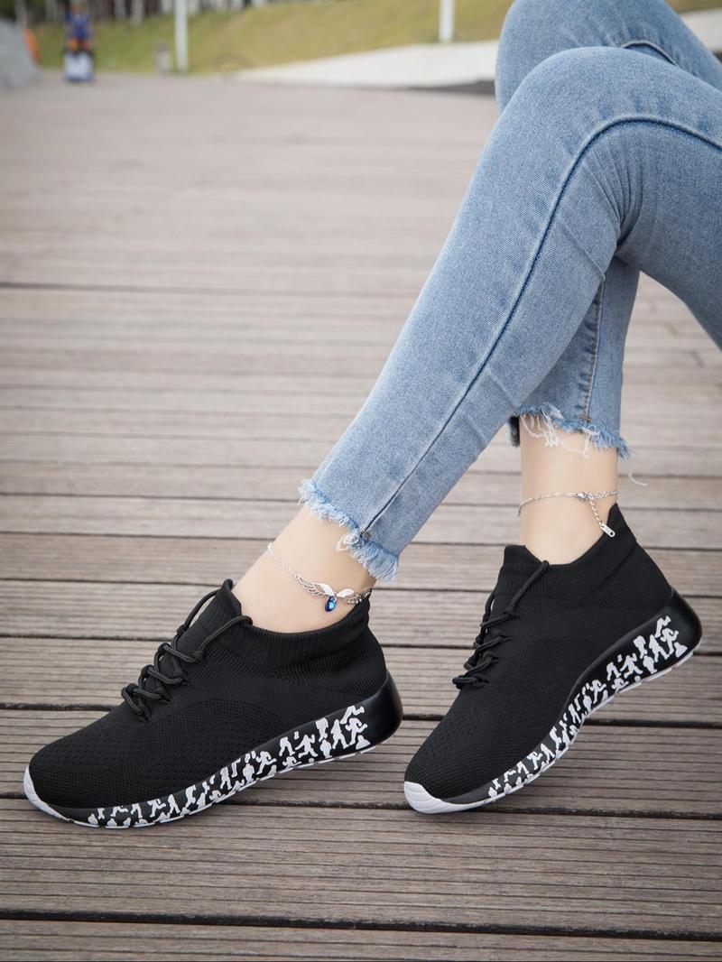 Product Introduction of Women's Fashionable Random Print Lace Up Running Shoes, Casual Comfortable Breathable Lightweight Non-slip Sneakers, Female All-match Sports Shoes for Daily Wear, Closed 9