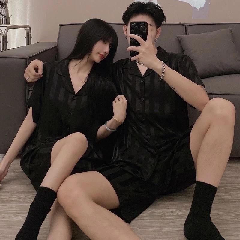 Bộ ngủ lụa đùi pijama nam nữ chất lụa cao cấp Nhung Kem