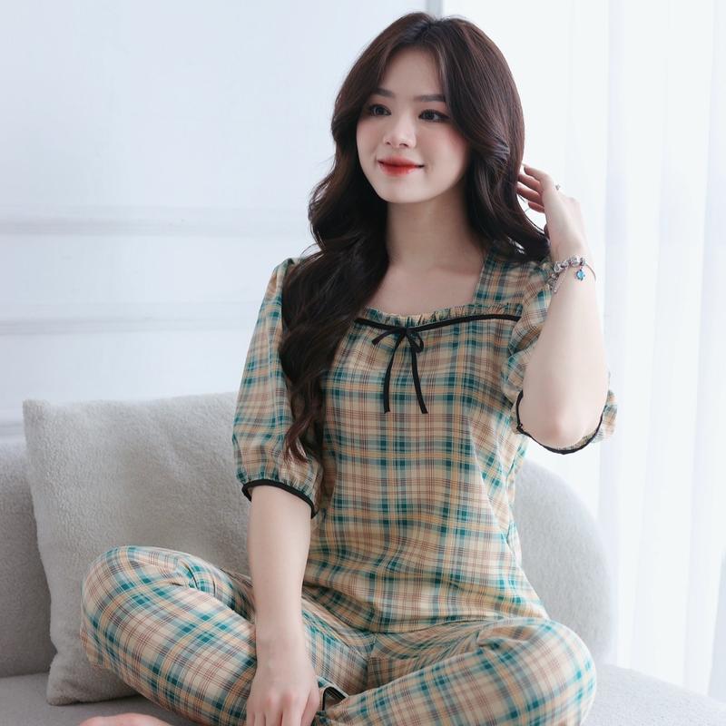 [Size 37kg-68kg] Set đồbộ nữ cổ vuông mềm mịn cao cấp Women set bộ đồ ngủ, sau sinh, mặc ở nhà, thu đông, xuân hè, thời trang nữ, set kiểu, tiểu thư có bigsize Áo Top Quần Ngủ Cạp Cao Voi