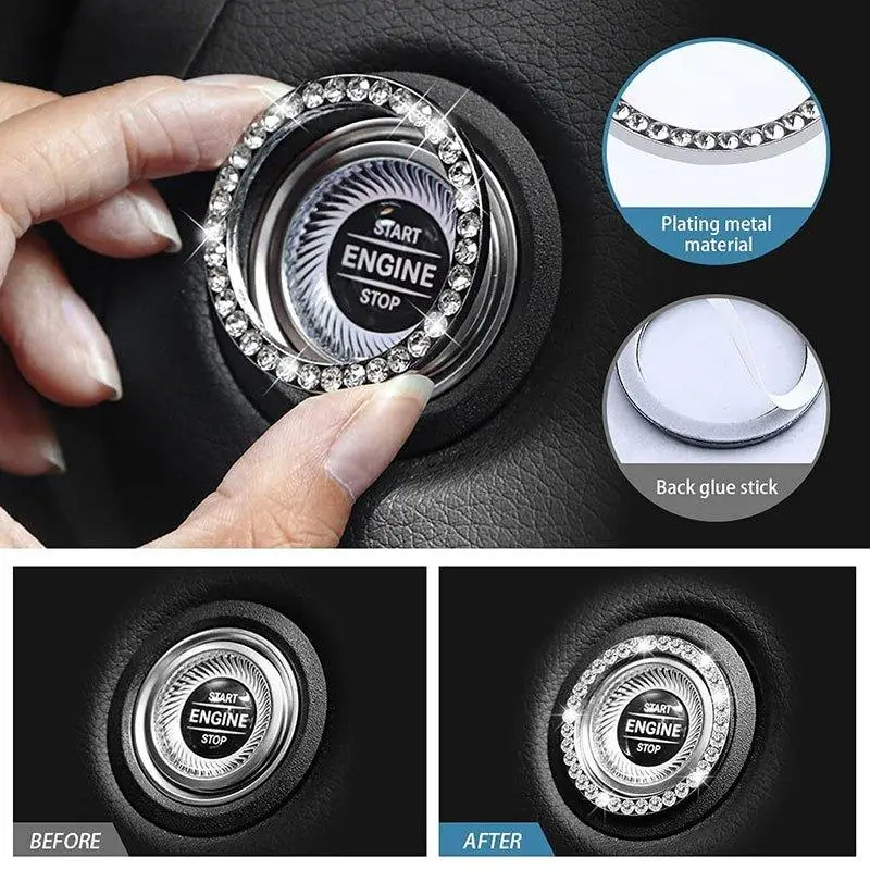 Rhinestone Car Interior Decoration Set (7pcs), Including Car Steering Wheel Cover, Armrest Box Mat, Gear Handle Cover, 2 Coaster & 2 Starting Ring 5
